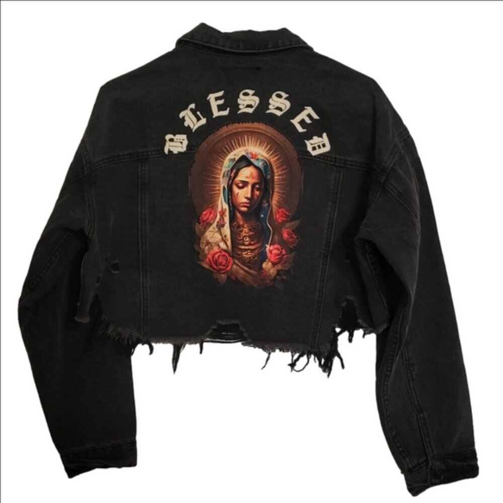 Trio Urban |  Blessed Virgin Mary Cropped Jean Jacket – Size S/M